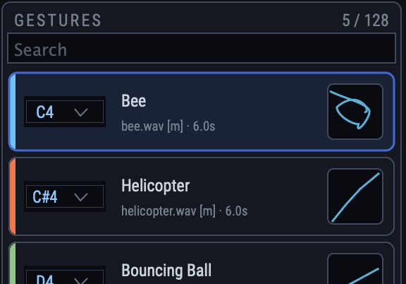 The gesture list: each row shows a key dropdown, the gesture name, its sound file and length, and a thumbnail of its path.