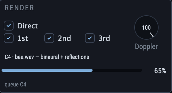 The render panel: Direct plus first, second and third order reflections, a Doppler amount knob, and a background render progress bar.