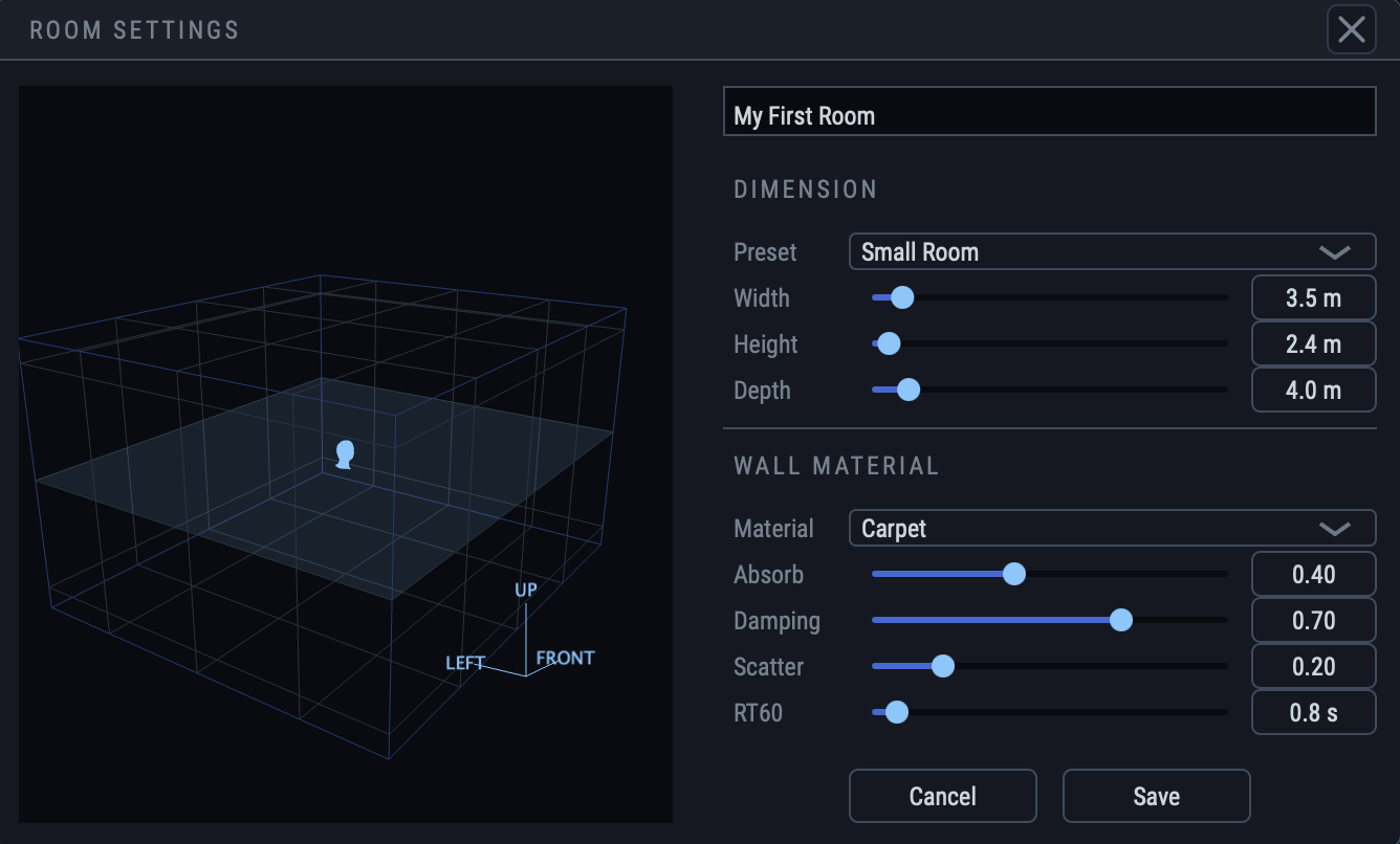 The room settings dialog: a wireframe room with the listener at its centre, size in metres, and wall material controls.