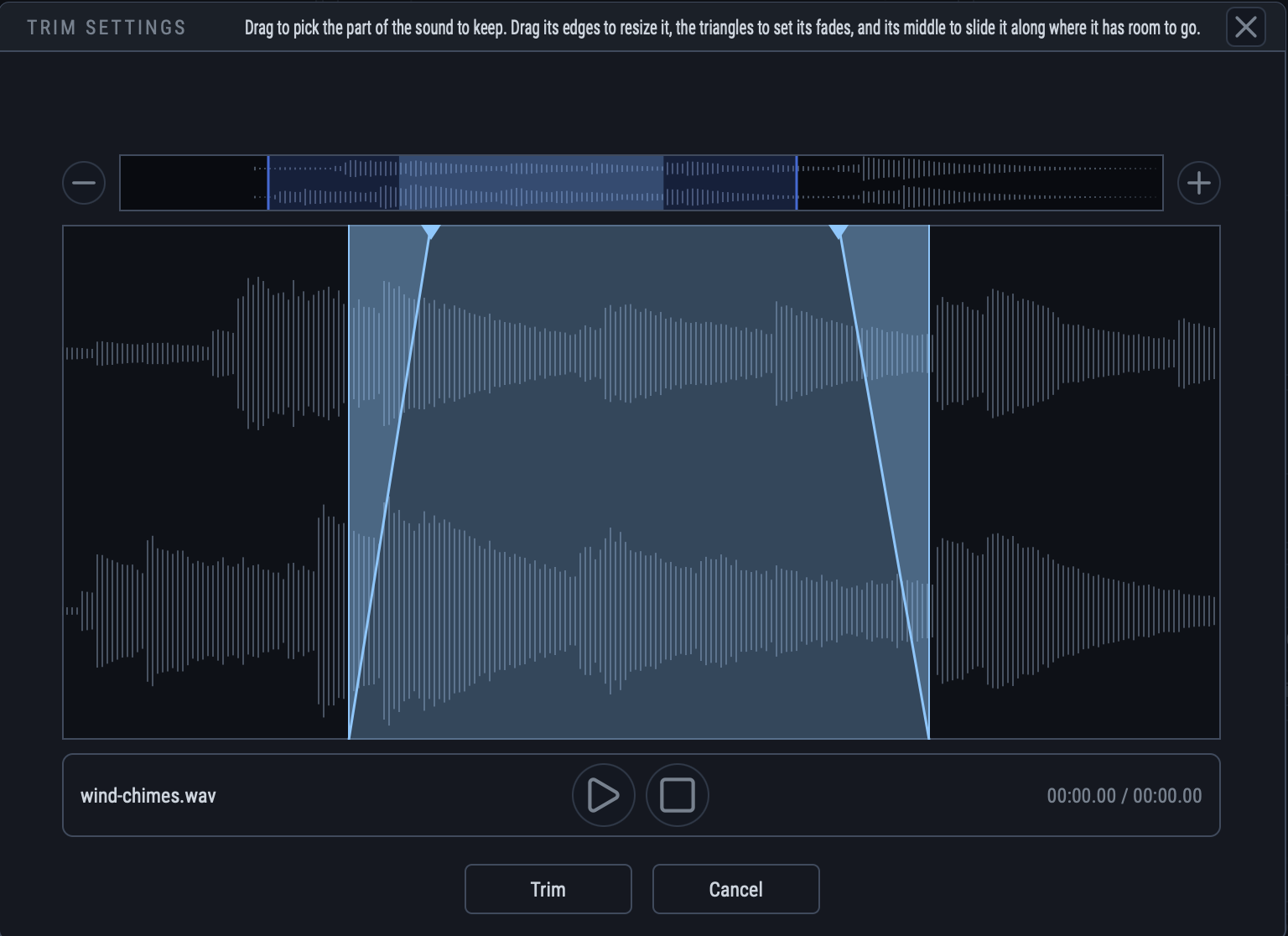 The trim dialog: a stereo waveform with a highlighted region and fade handles at each edge.
