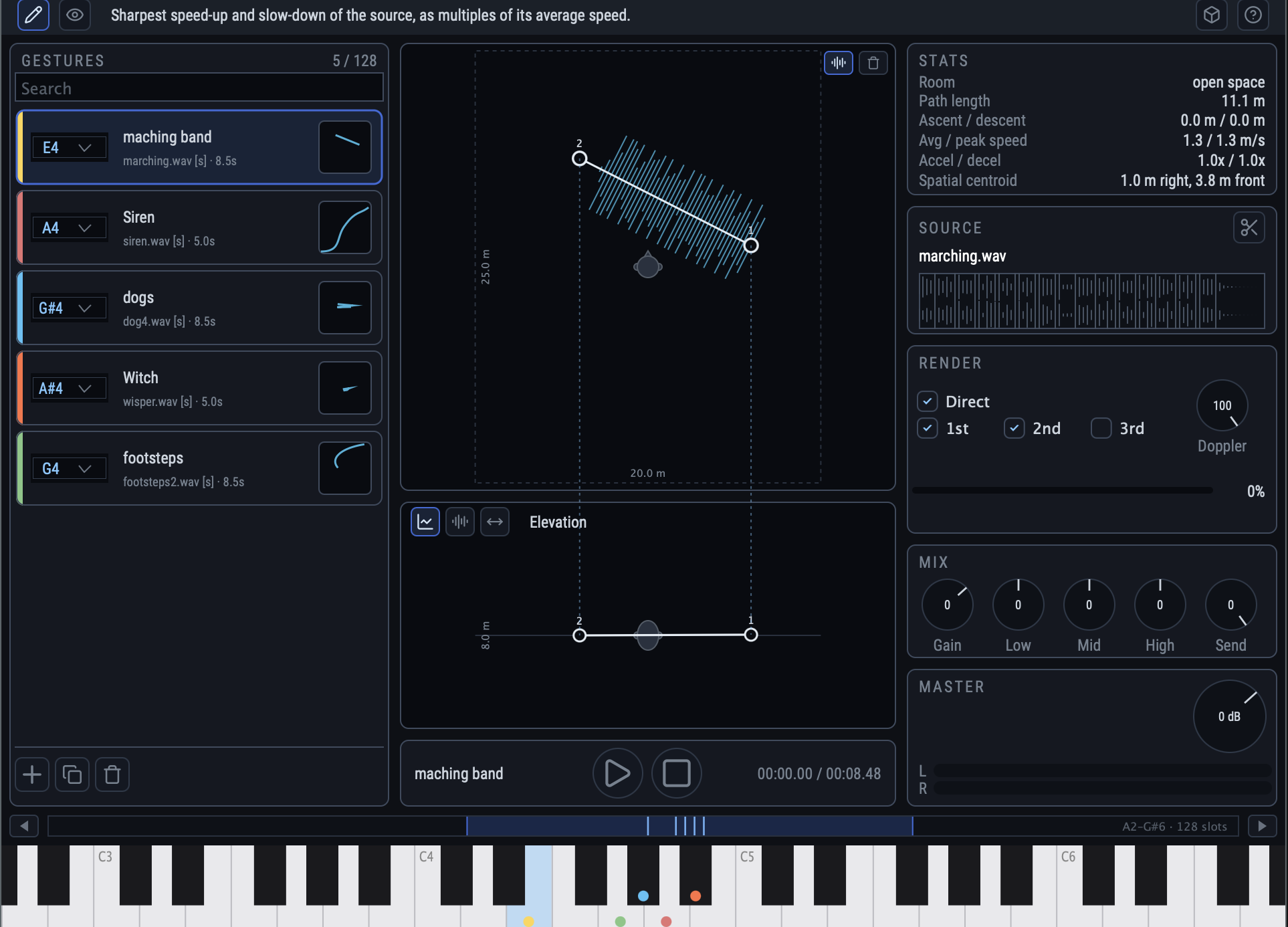 The SGD edit view: gesture list on the left, trajectory editor in the middle, inspector on the right, keyboard along the bottom.
