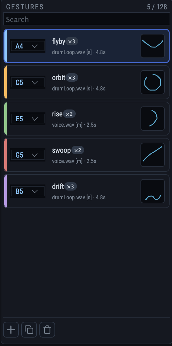 The gesture panel listing five gestures, each with a colour stripe, key chip, name, sound file and trajectory thumbnail.