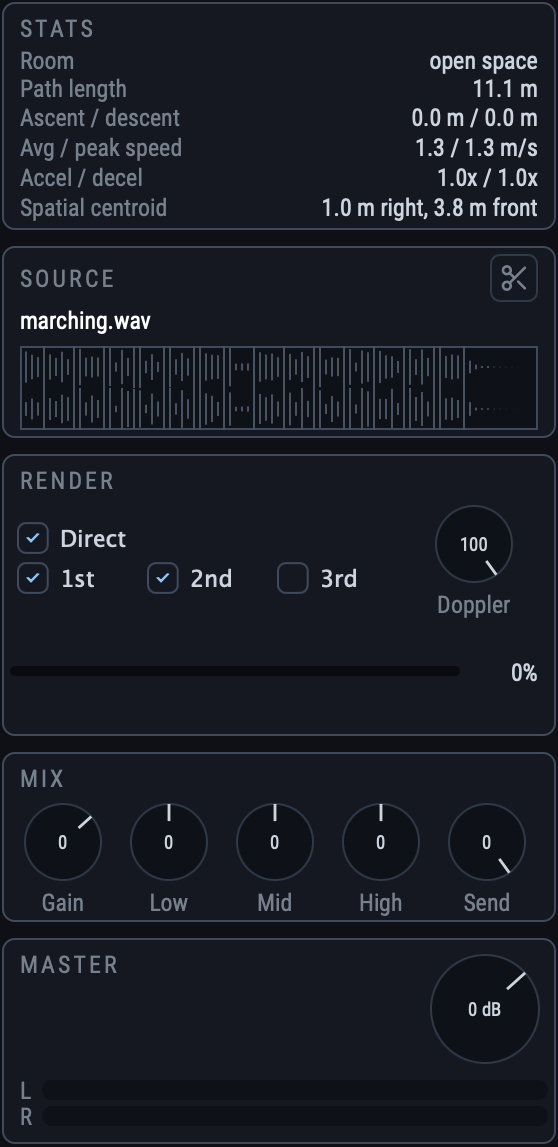 The inspector column: Stats, Source, Render, Mix and Master panels stacked vertically.