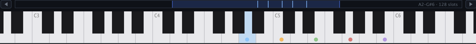 The range strip above the keyboard, with the slot map, the range readout, and coloured dots marking assigned keys.