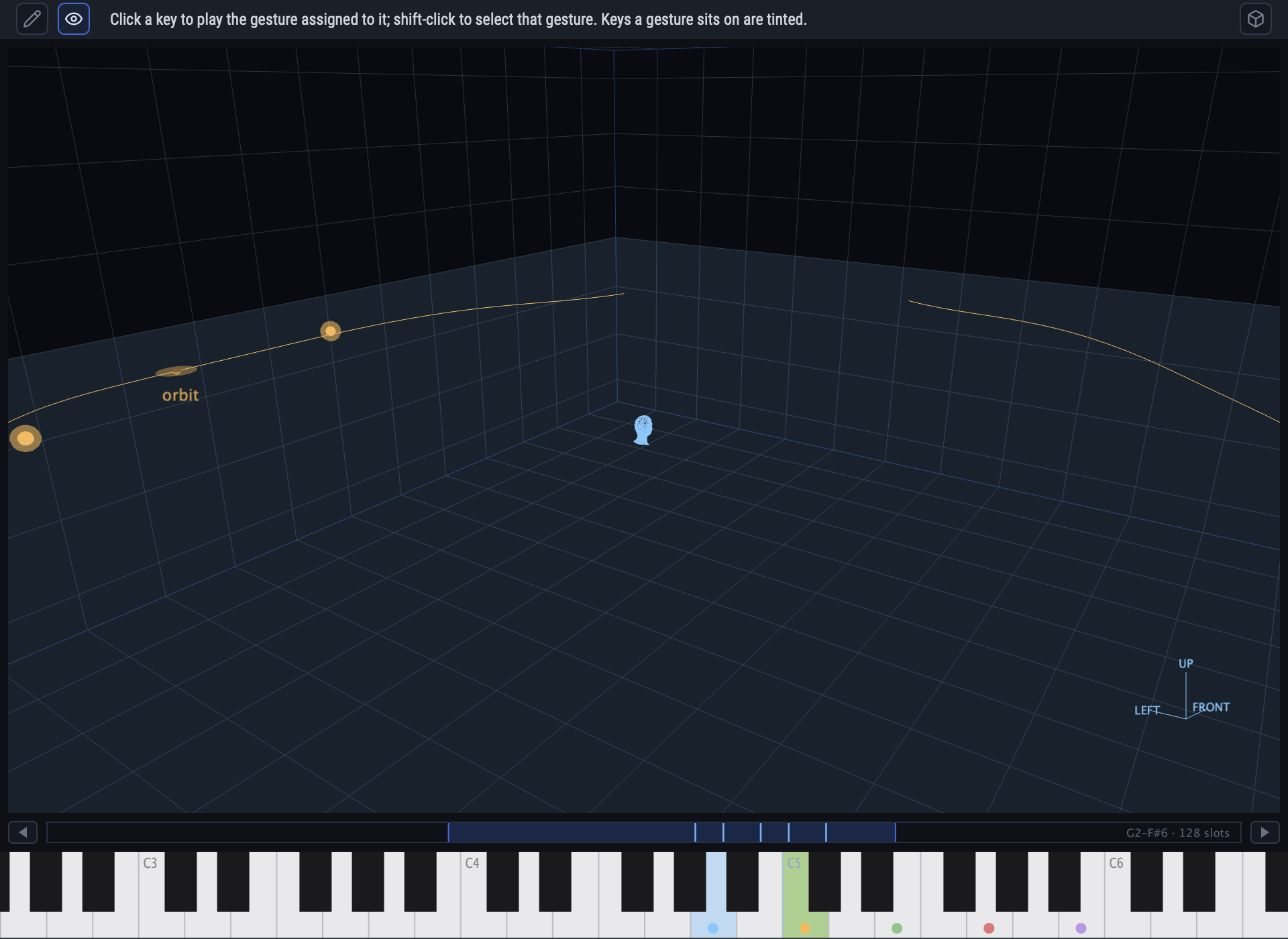 The observe view: the room drawn as a wireframe box with a floor grid, the listener at the centre, and the orbit gesture's path traced in orange with its source markers.