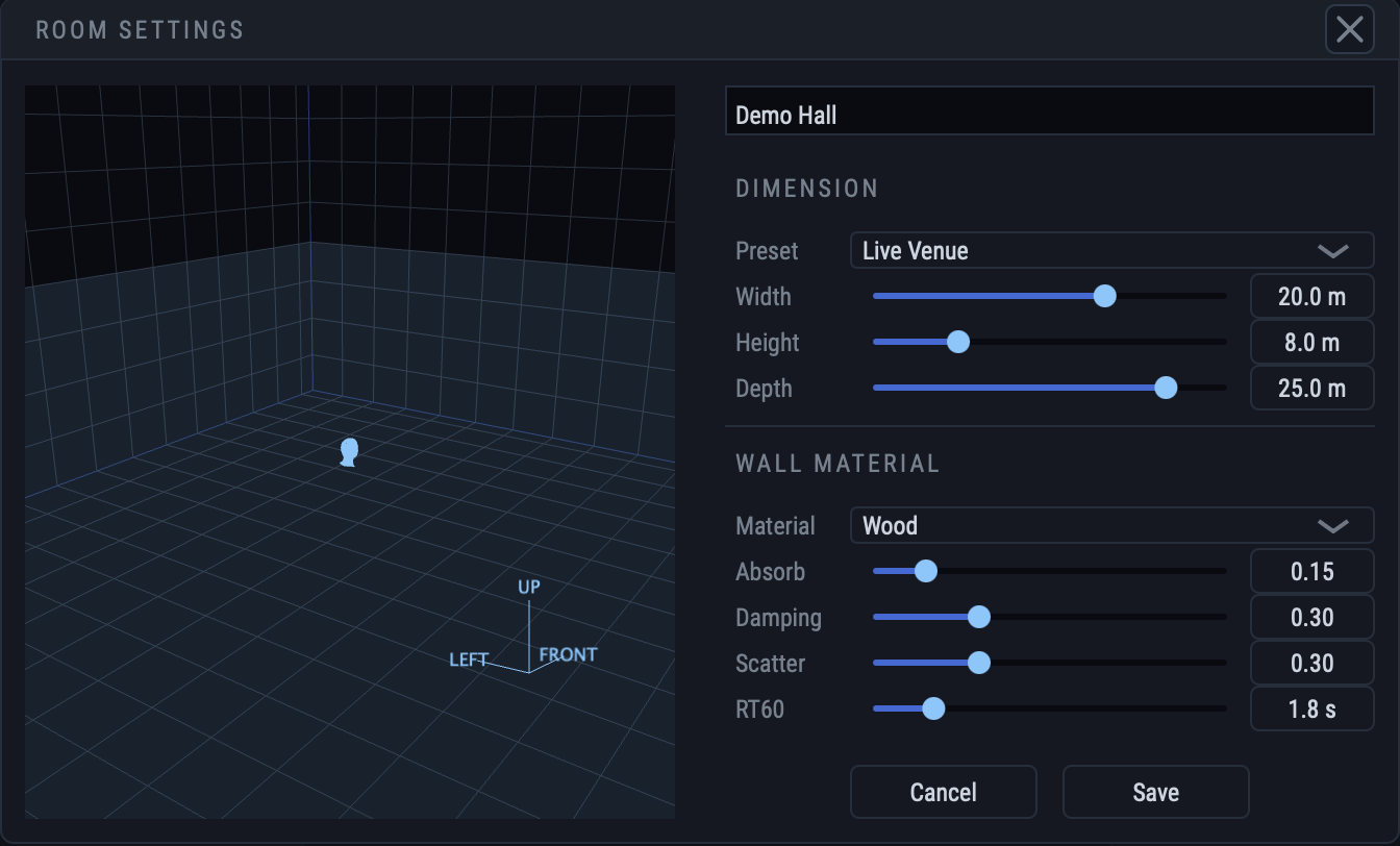 The room editor overlay: 3D room preview on the left, and on the right the room name, dimension sliders with a Live Venue preset, and wall material sliders set to Wood.