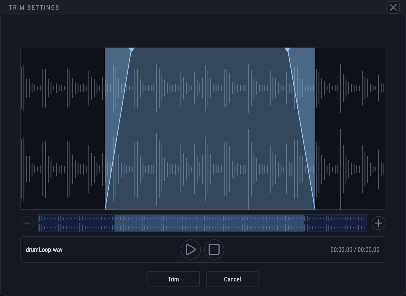 The trim overlay: a stereo waveform with a highlighted selection whose two ends taper as fade ramps, a navigator strip below showing the whole file, and Trim and Cancel buttons.